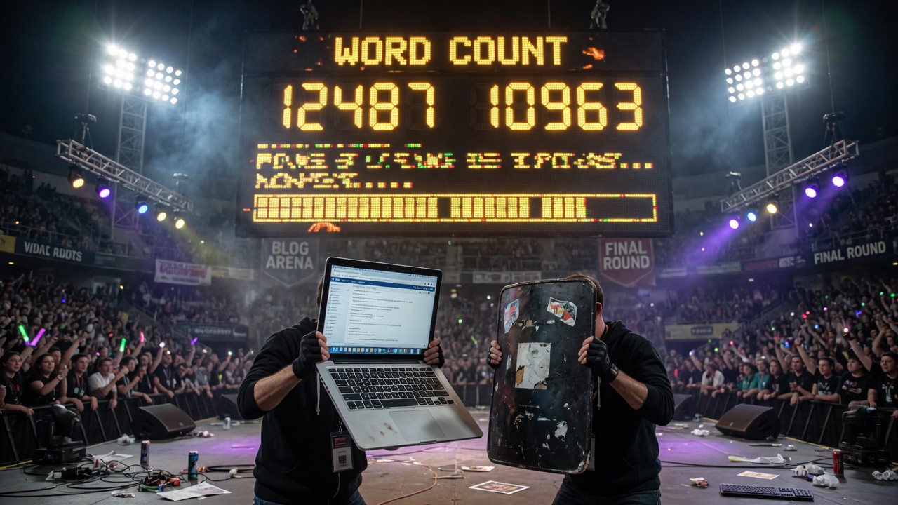 Close view of the Blog Arena jumbotron and floor: WORD COUNT digits glowing amber, discarded keyboards and cans on the mat, the crowd standing as two bloggers hold their weapons.